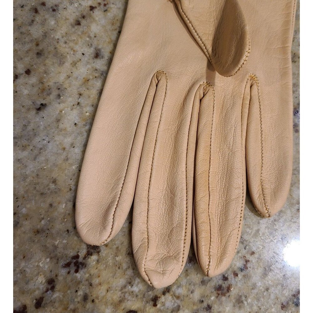 Vintage Size S Pumpkin Beige Soft Leather Formal 9" Gloves Wrist Weave Bow - Picture 7 of 15